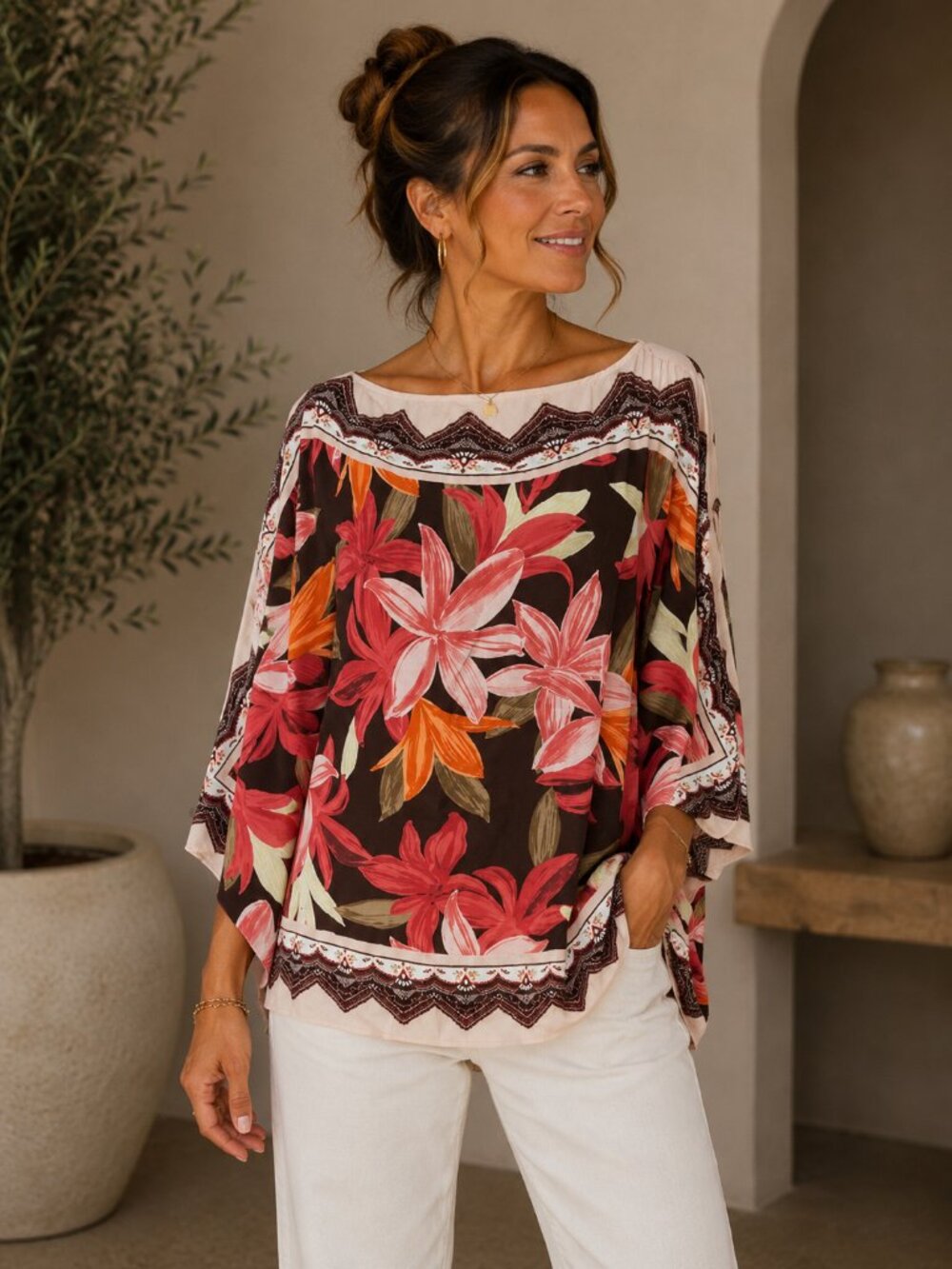 NWT Chico's Tessa Toss Floral Poncho Blouse OS Cocoa Peach Coral